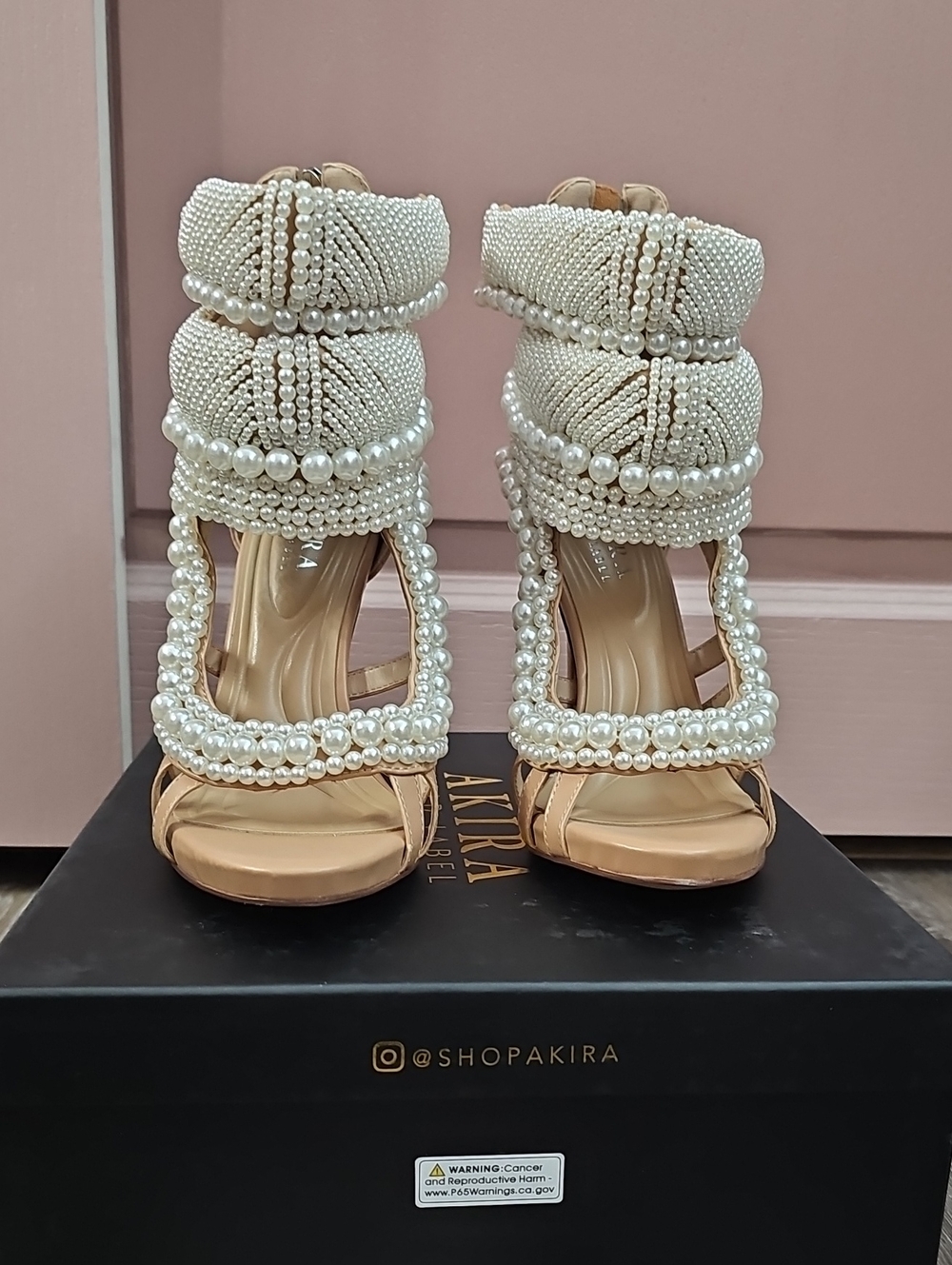 AKIRA Ivory Pearl-Embellished Strappy High Heels
